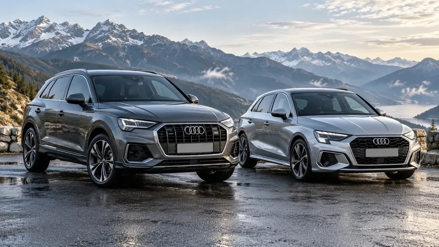 Audi Q5 et Audi A3 dans un paysage alpin, illustration du choix entre quattro et traction
