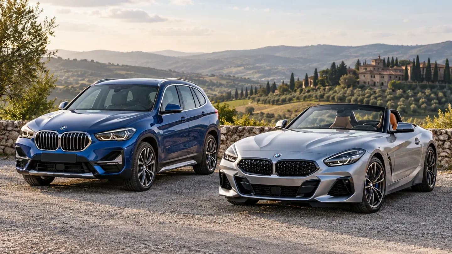 BMW X1 et BMW Z4 sur une route de campagne, illustration des transmissions sDrive et xDrive