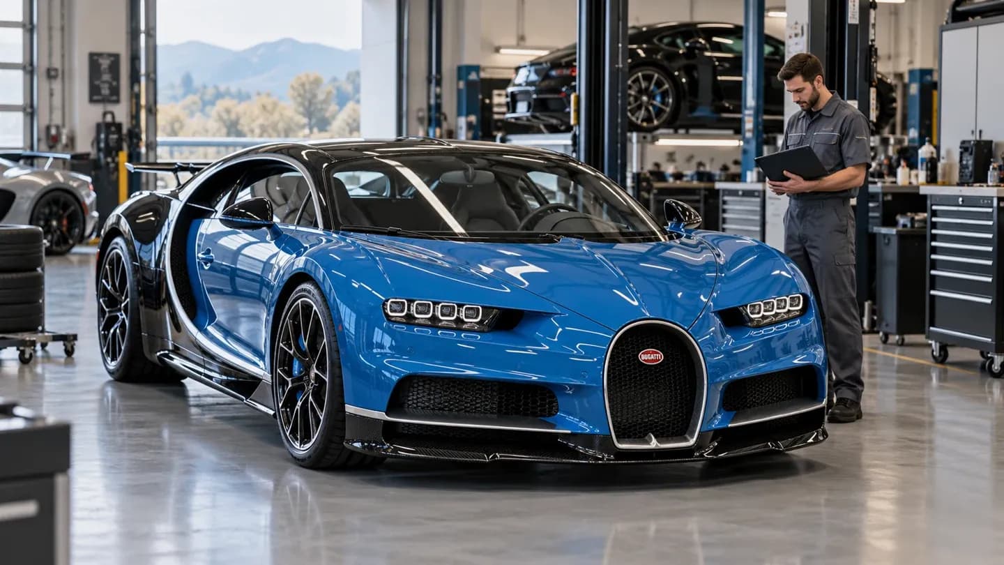 Bugatti Chiron dans un atelier automobile soigné, illustration du suivi d’entretien