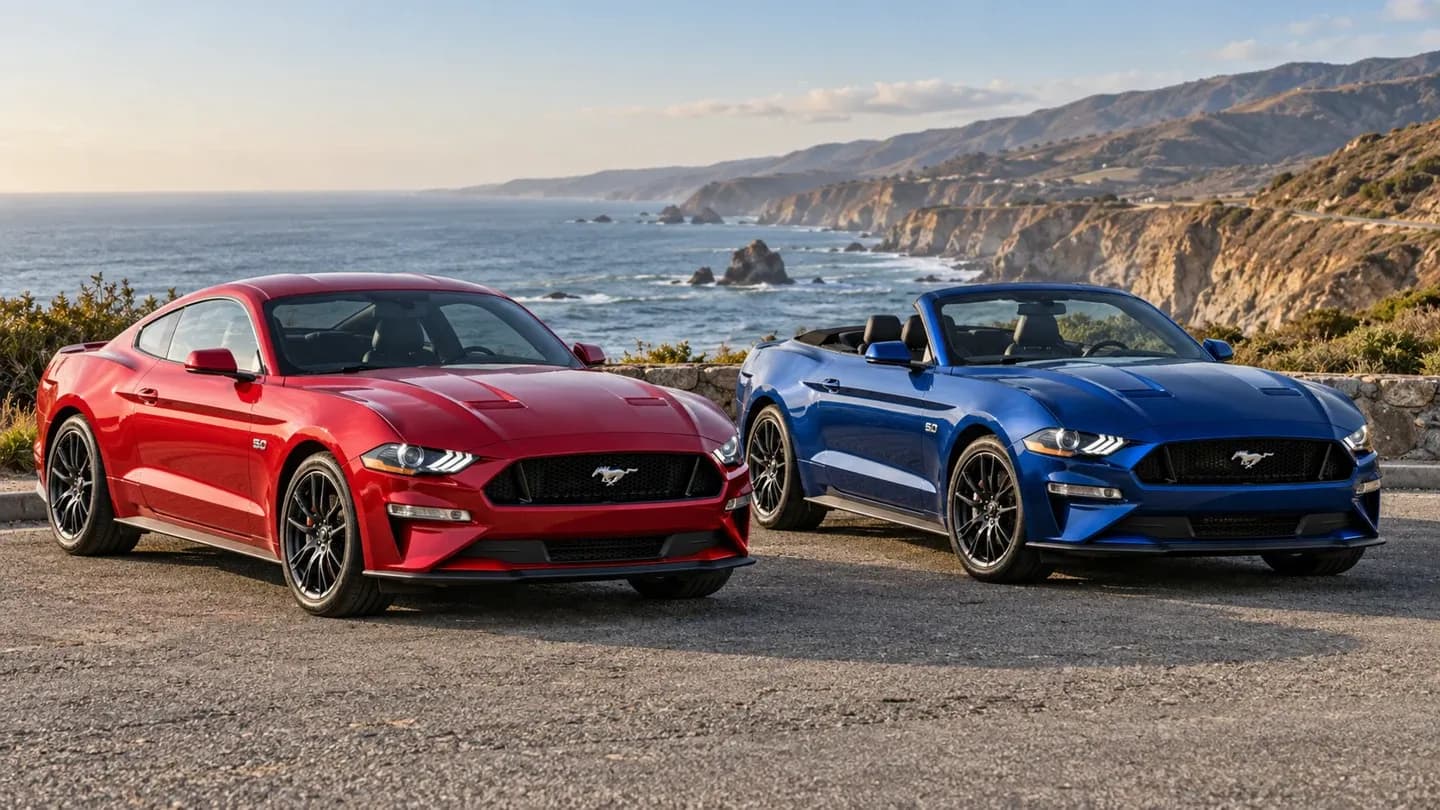 Ford Mustang Fastback et Convertible côte à côte, illustration du choix de carrosserie