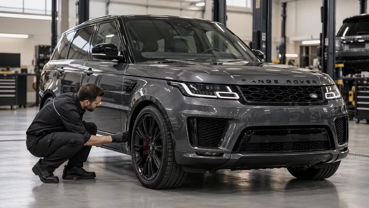 Range Rover Sport dans un atelier, illustration de l’examen de la suspension