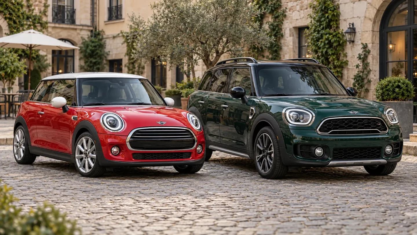 MINI trois portes et MINI Countryman côte à côte, illustration des différences de carrosserie