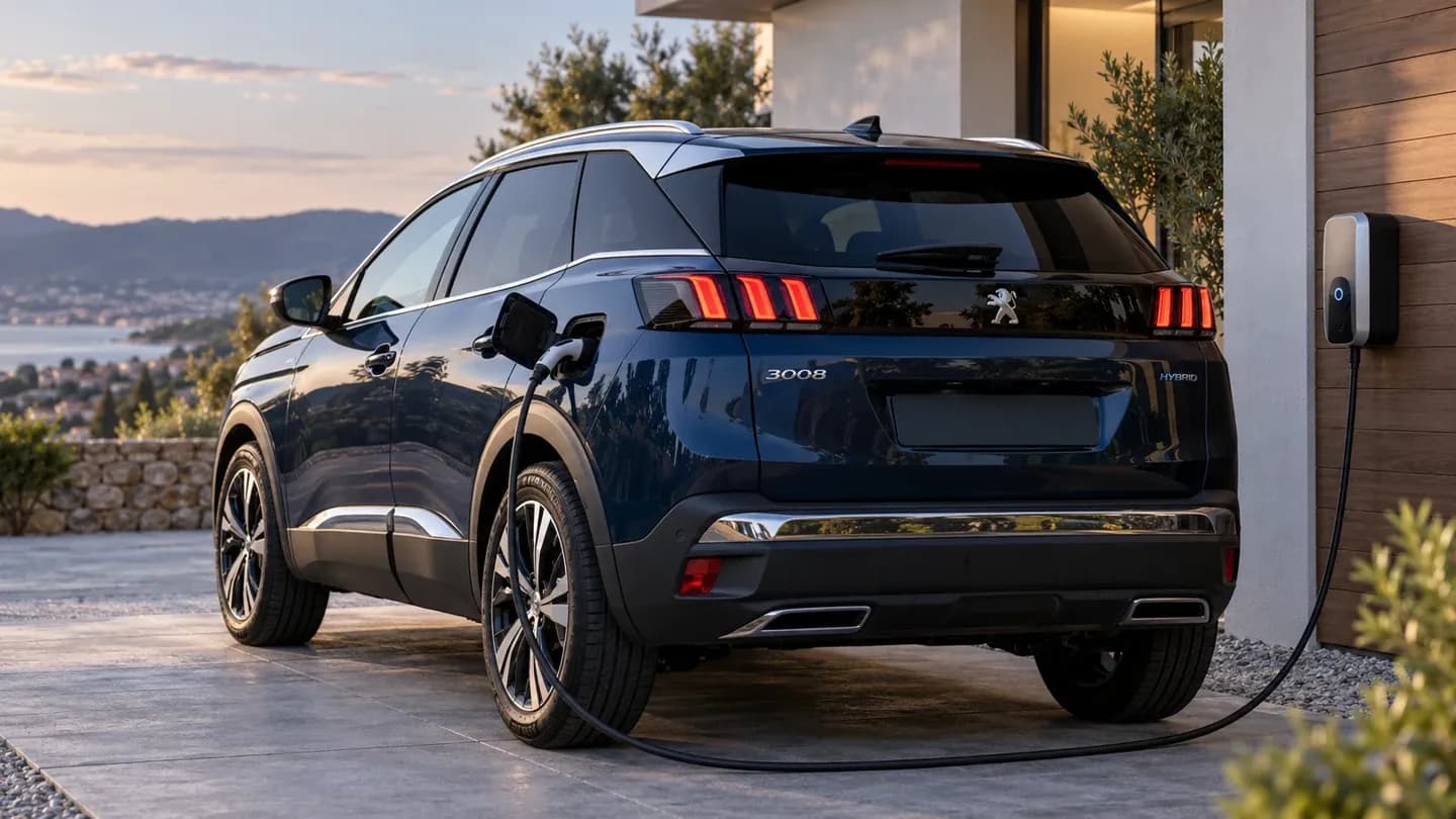 Peugeot 3008 hybride rechargeable relié à une borne, illustration des motorisations hybrides