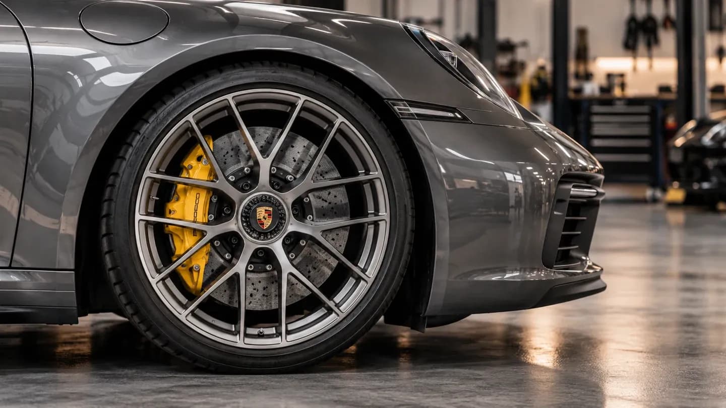 Roue et système de freinage d’une Porsche 911, illustration des freins PCCB