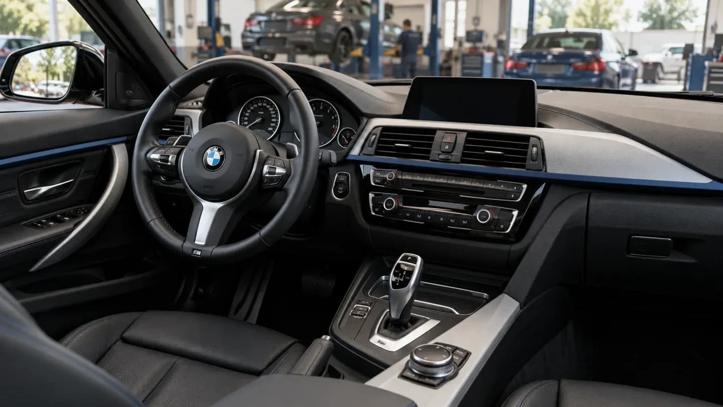 Illustration d’un habitacle BMW avec sélecteur de boîte automatique, pour le guide ZF 8HP