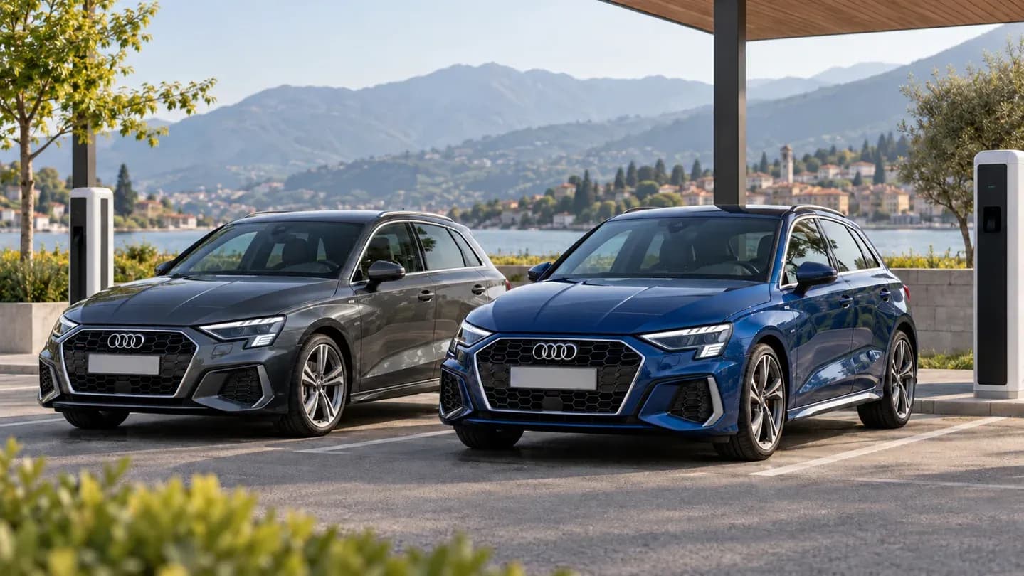 Illustration de deux Audi A3 Sportback, pour le comparatif des générations TFSI e