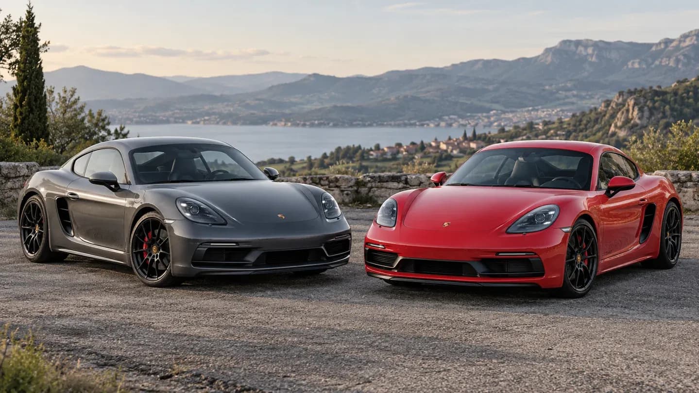 Illustration de deux Porsche 718 Cayman GTS, pour comparer les versions 2.5 et 4.0