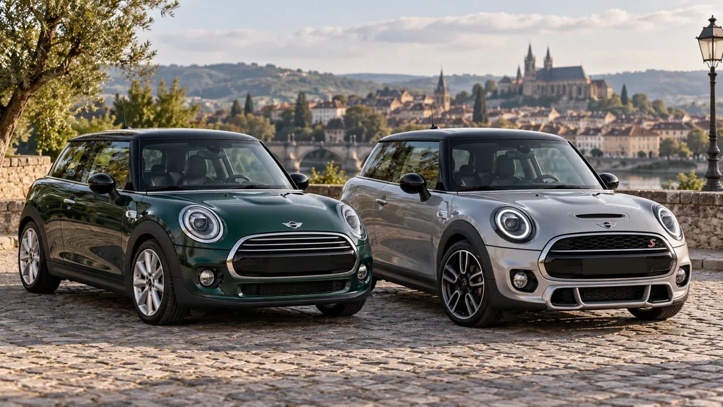 Illustration de deux MINI F56 trois portes, Cooper verte et Cooper S argentée