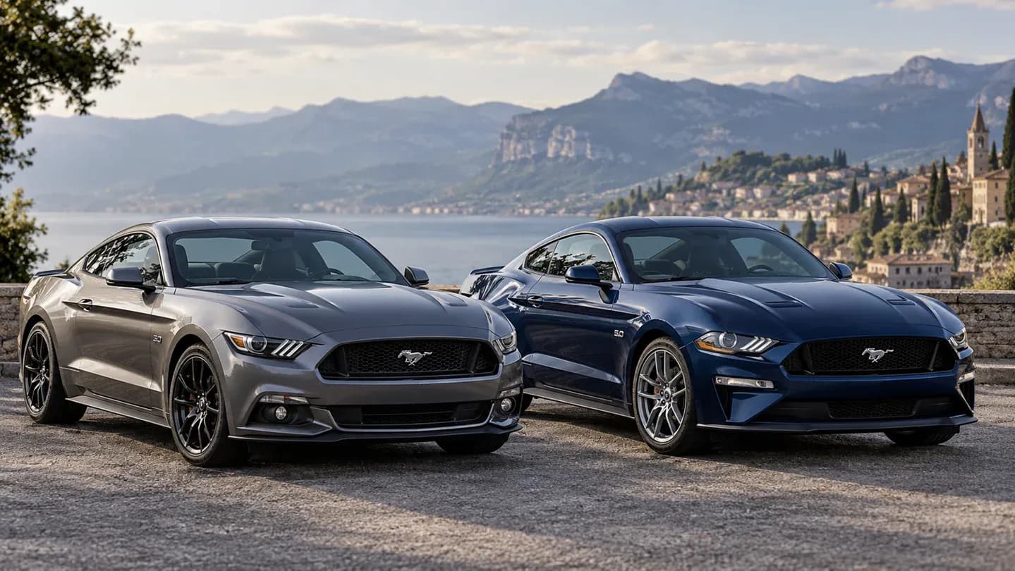 Illustration de deux Ford Mustang Fastback, avant et après le restylage de 2018