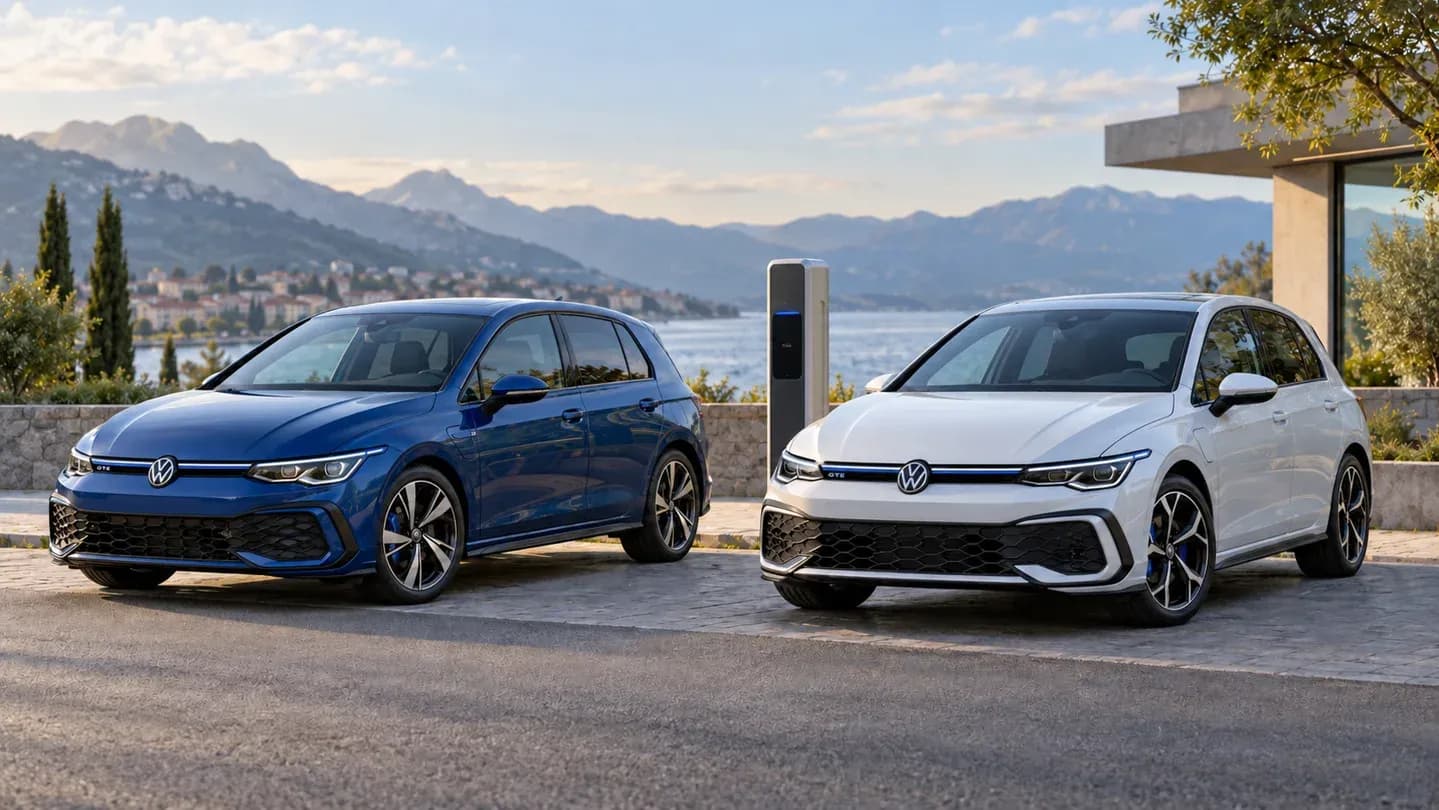Illustration de deux Volkswagen Golf GTE hybrides rechargeables près d’une borne