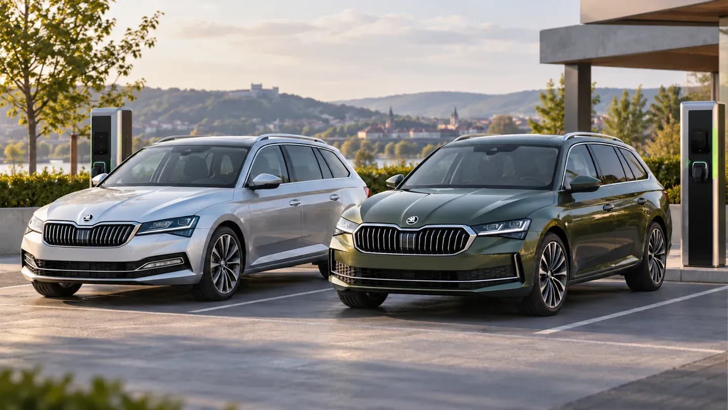 Illustration de deux Škoda Superb Combi, pour comparer les générations hybrides rechargeables iV