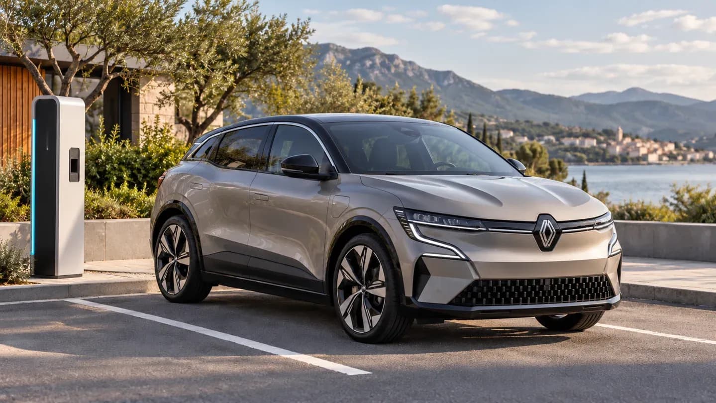Illustration d’une Renault Mégane E-Tech électrique près d’une borne de recharge