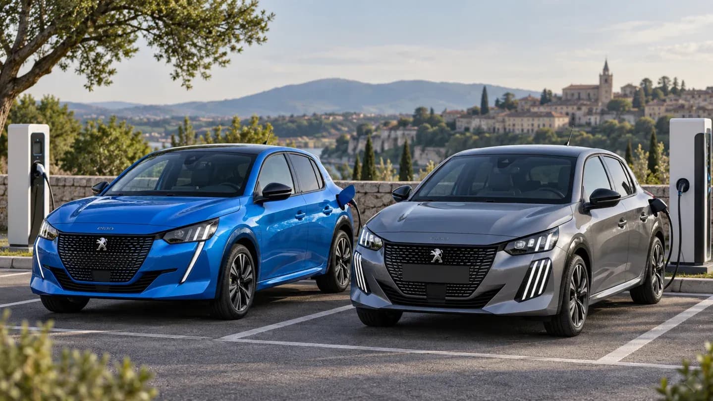 Illustration de deux Peugeot e-208 électriques, pour comparer les versions 136 et 156 ch