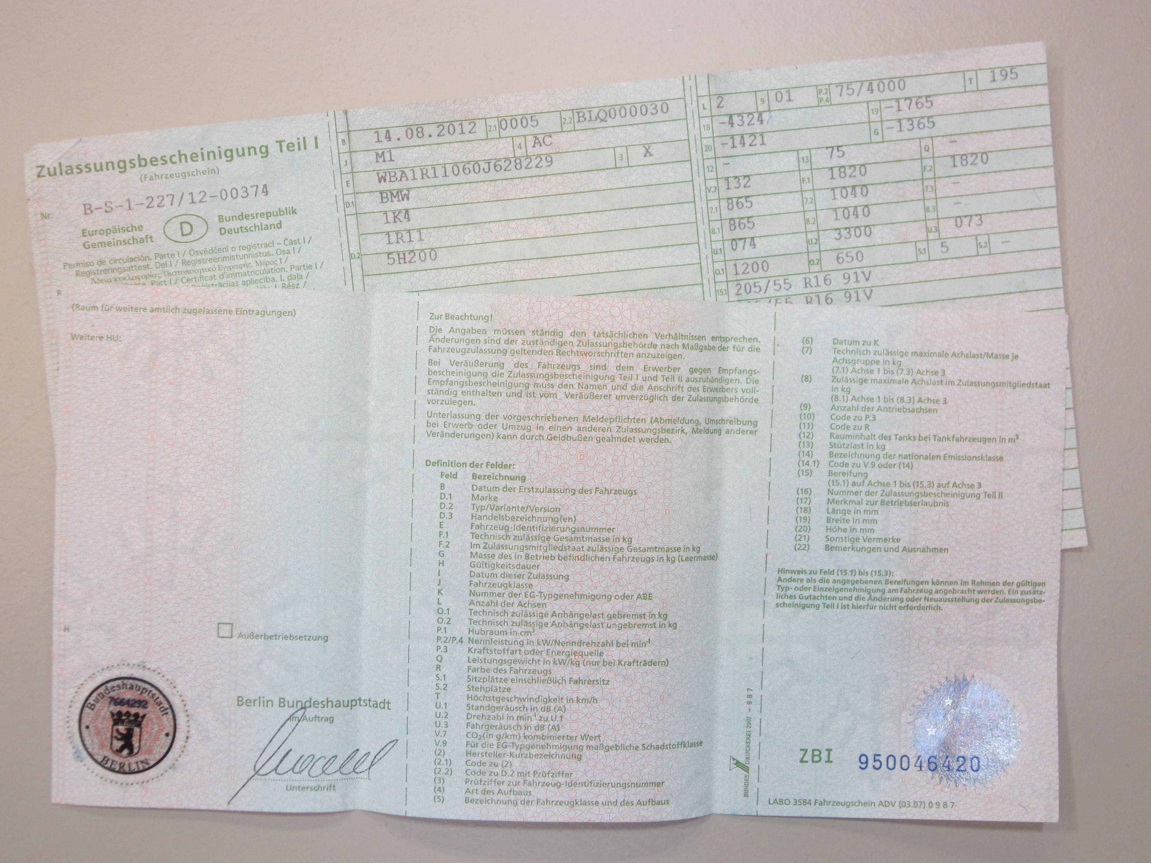 Certificat allemand Zulassungsbescheinigung Teil I recto verso