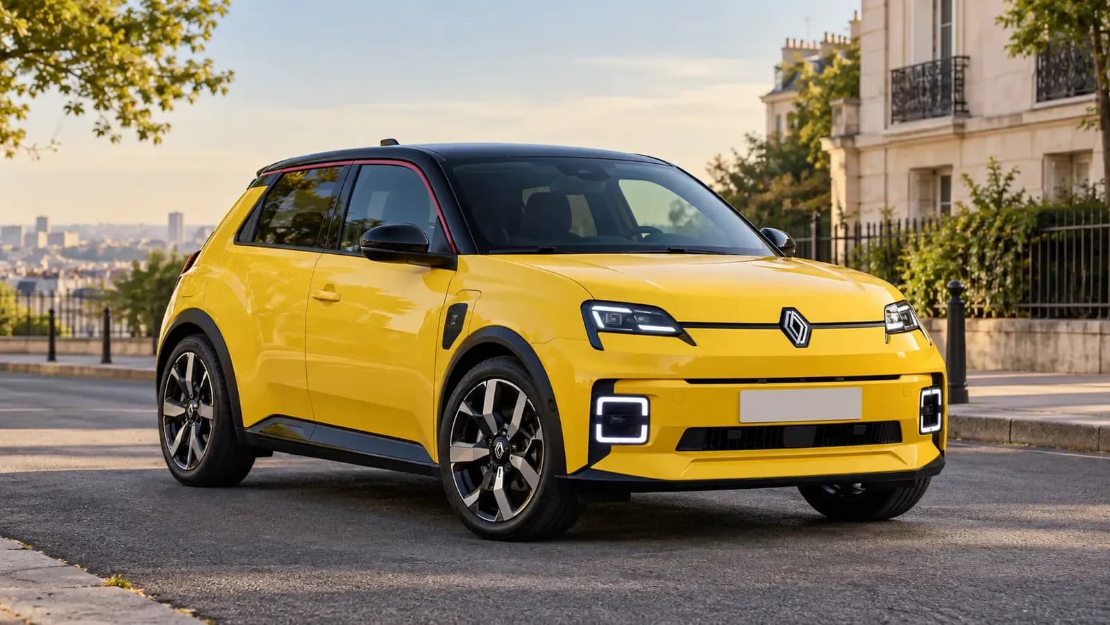 Illustration générée d’une Renault 5 E-Tech électrique, vue de trois quarts avant.