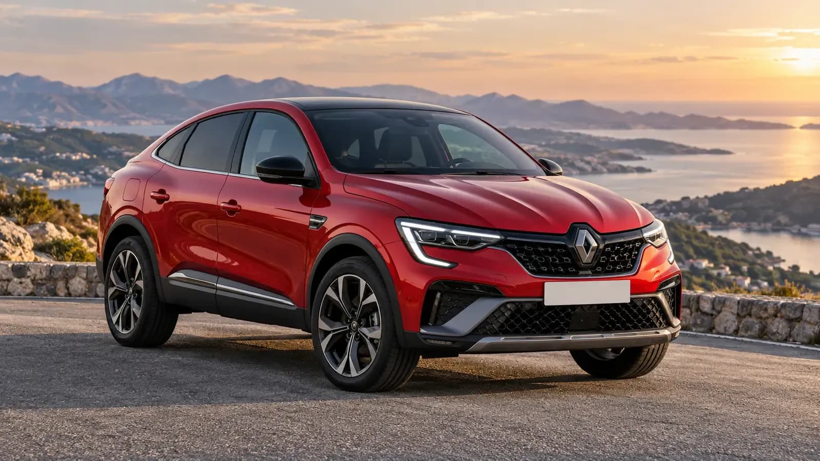 Illustration générée d’une Renault Arkana, vue de trois quarts avant.