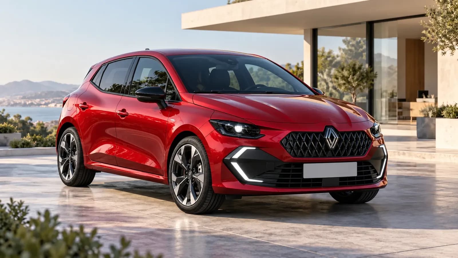 Illustration générée d’une Renault Clio VI, vue de trois quarts avant.