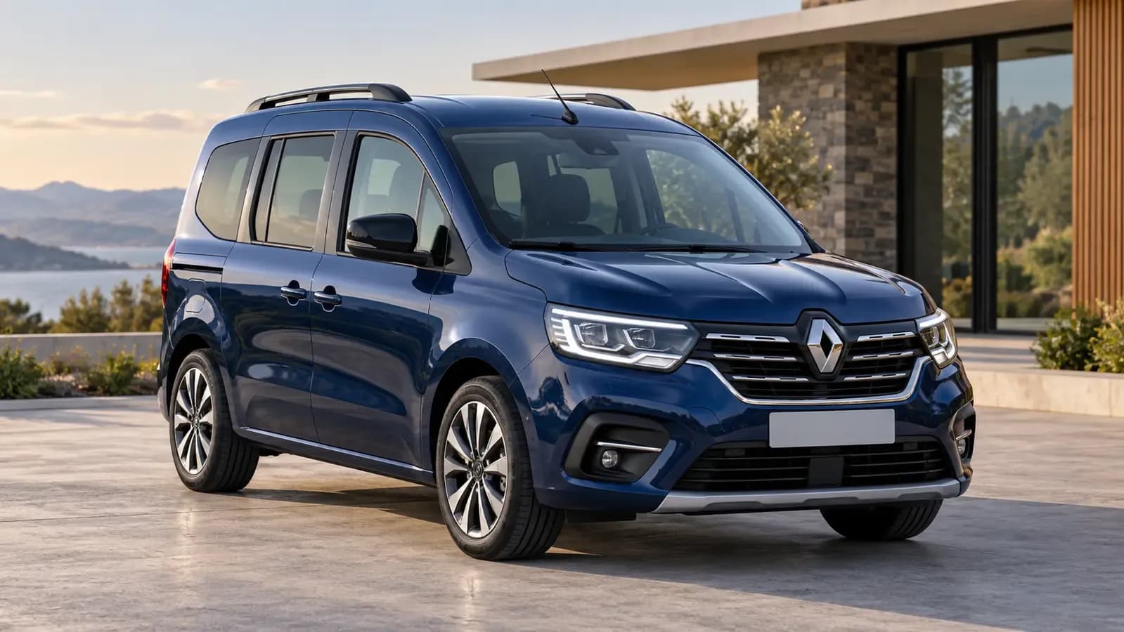 Illustration générée d’une Renault Kangoo III, vue de trois quarts avant.