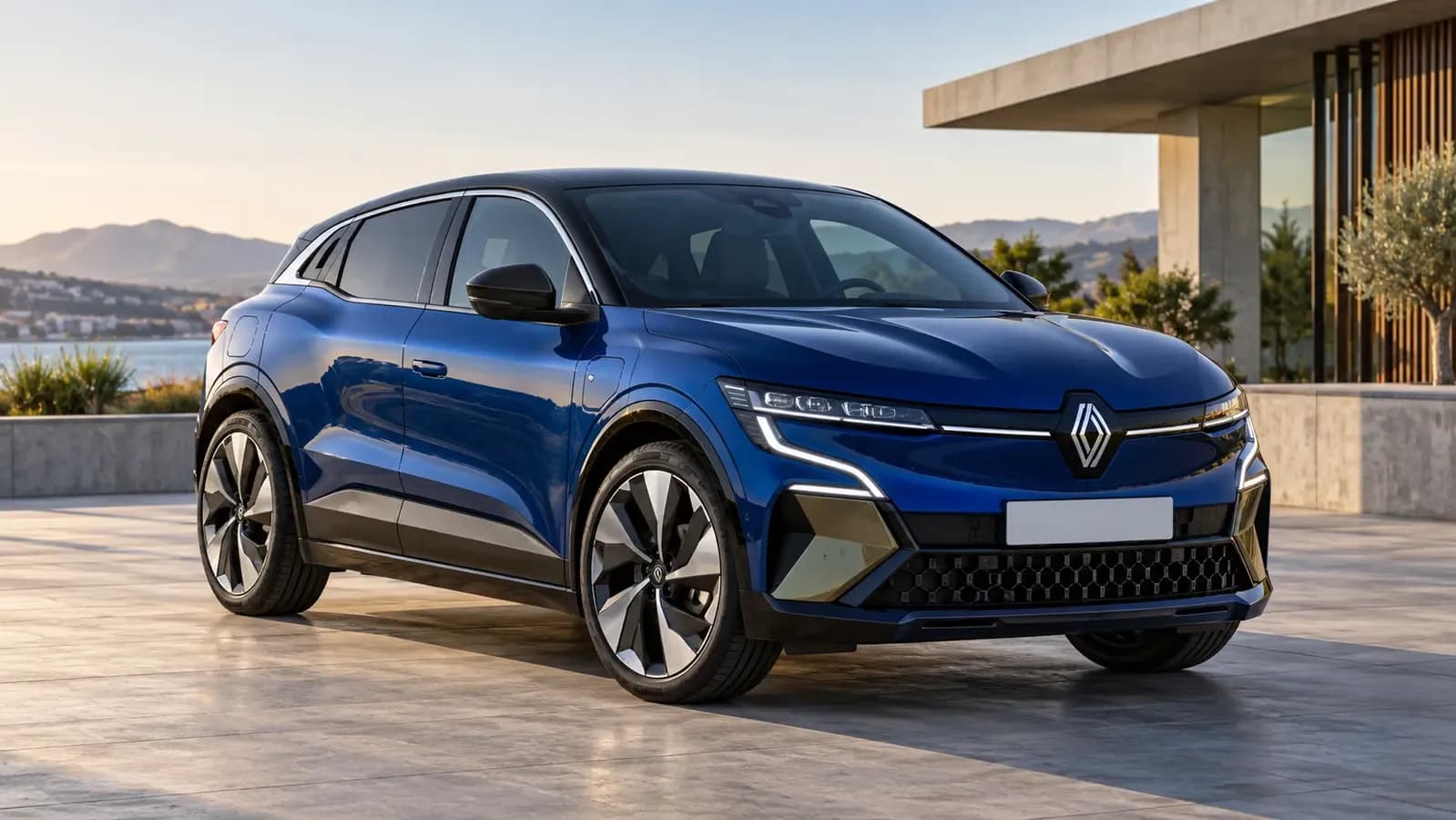 Illustration générée d’une Renault Mégane E-Tech électrique, vue de trois quarts avant.