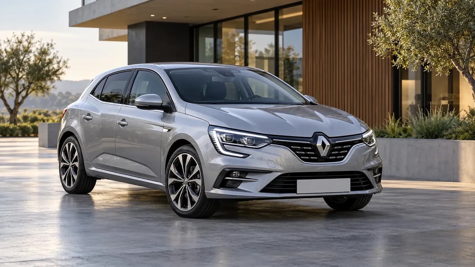 Illustration générée d’une Renault Mégane IV, vue de trois quarts avant.