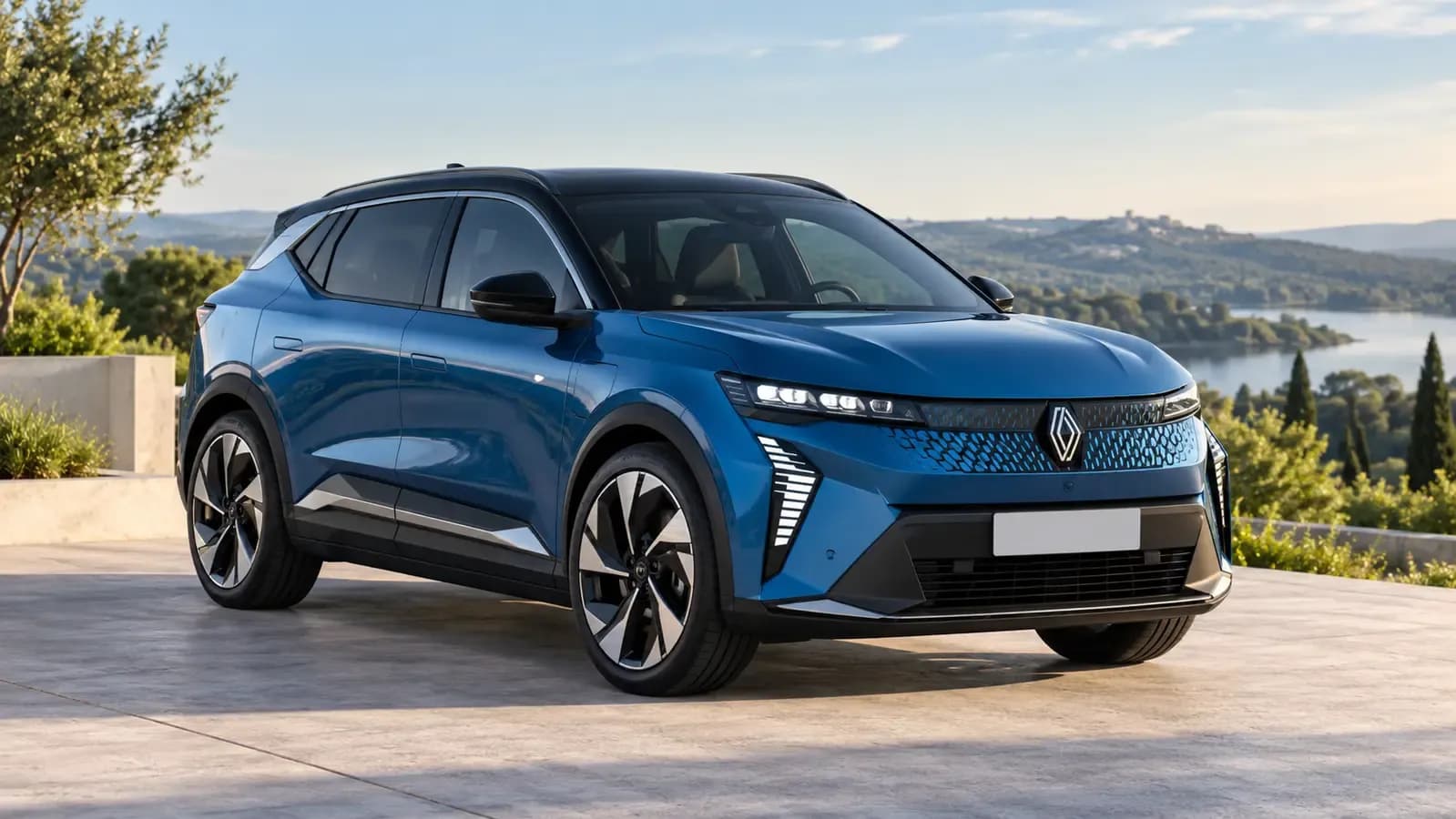 Illustration générée d’une Renault Scénic E-Tech électrique, vue de trois quarts avant.