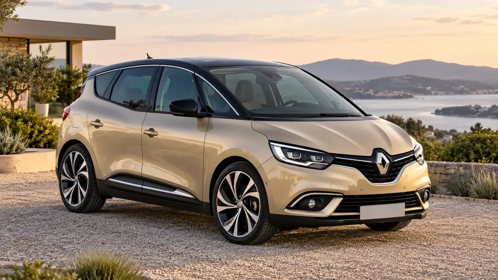 Illustration générée d’une Renault Scénic IV, vue de trois quarts avant.