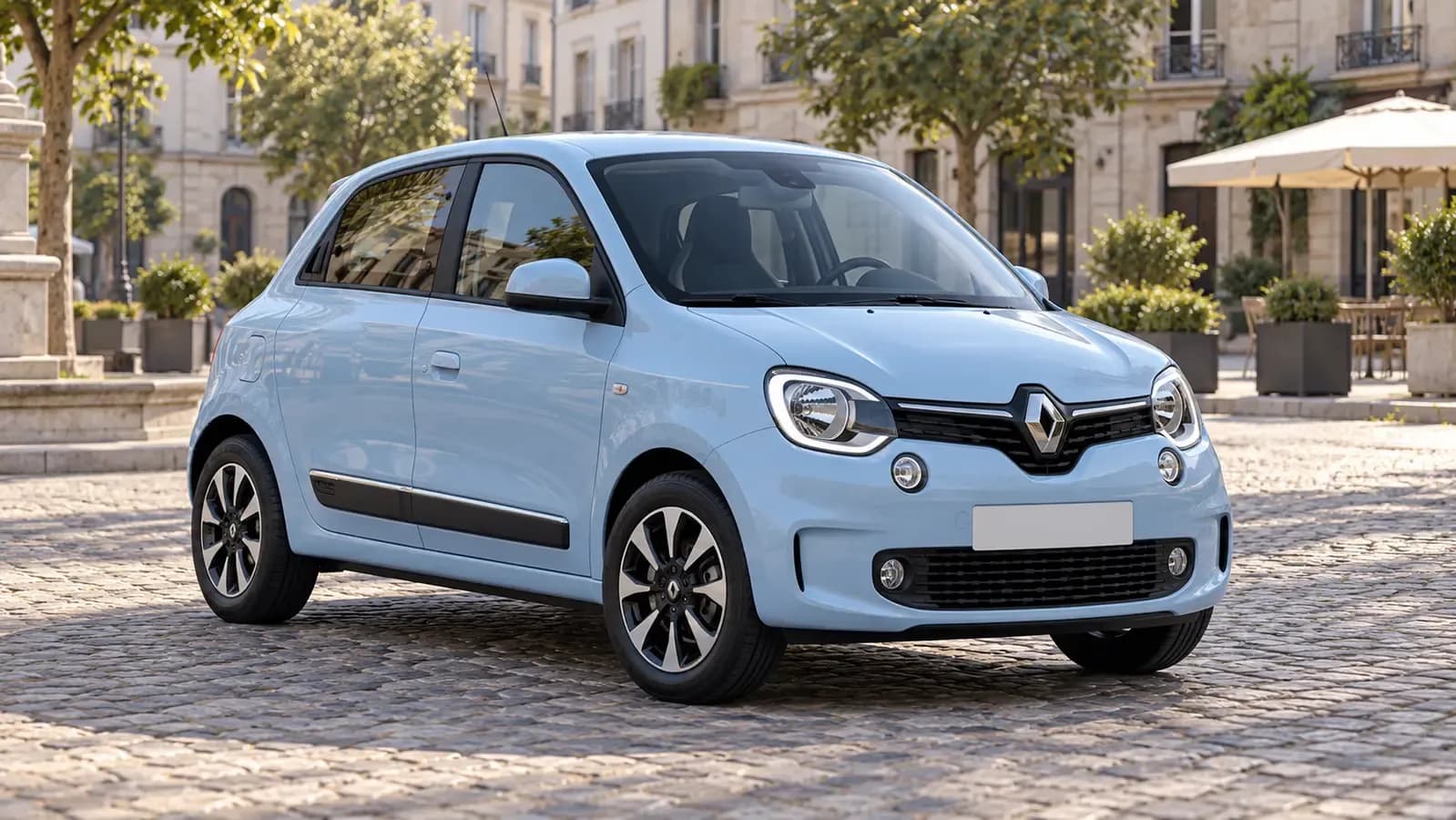 Illustration générée d’une Renault Twingo III, vue de trois quarts avant.