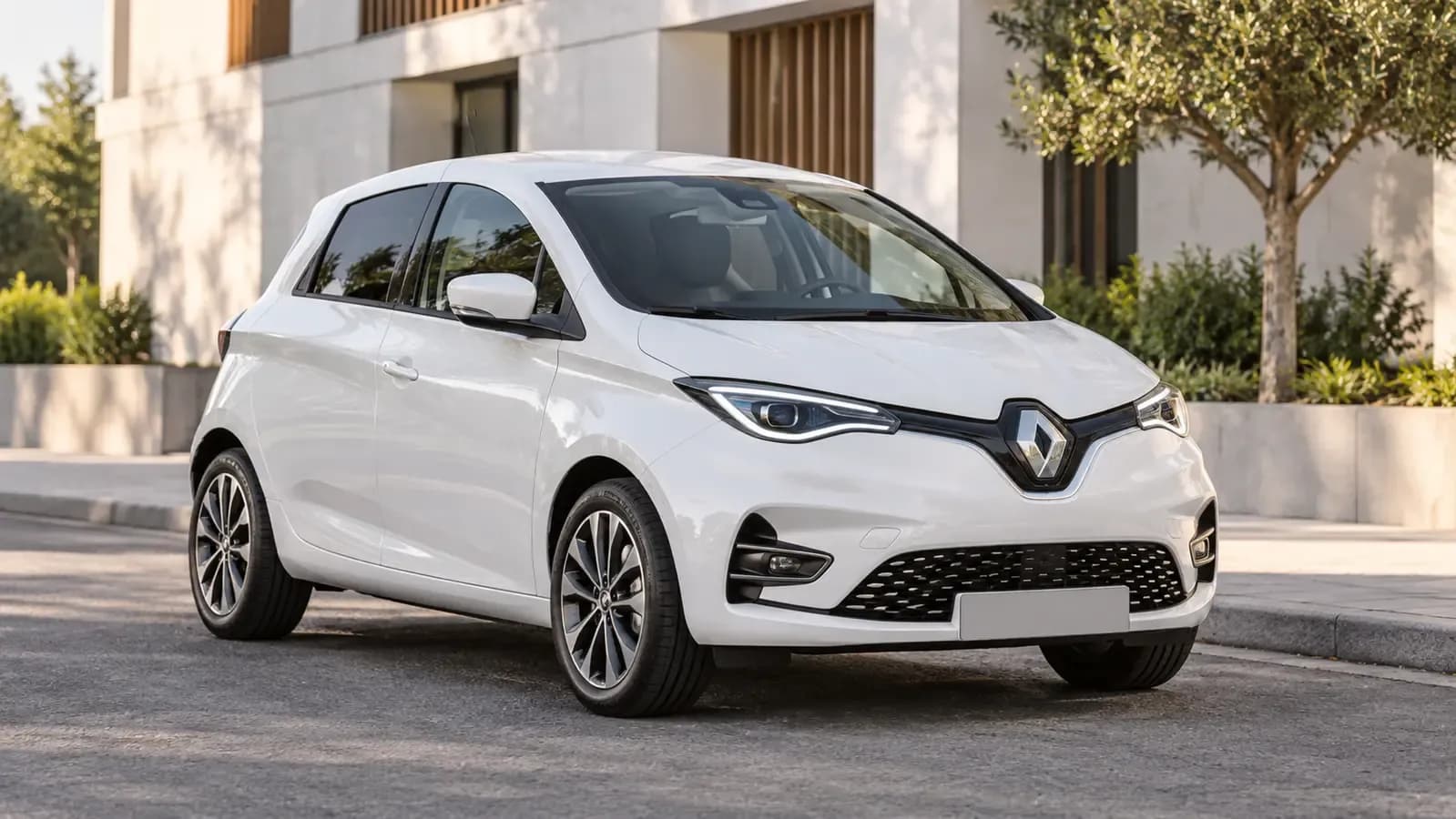 Illustration générée d’une Renault Zoe ZE50, vue de trois quarts avant.